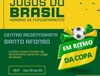Copa do Mundo 2022: Confira os horários de expediente do Centro Redentorista no segundo jogo do Brasil, pela primeira fase nesta segunda (28)