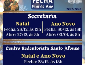 Confira: Horários de funcionamento da secretaria e do Centro Redentorista Santo Afonso durante as festas de Natal e Ano Novo